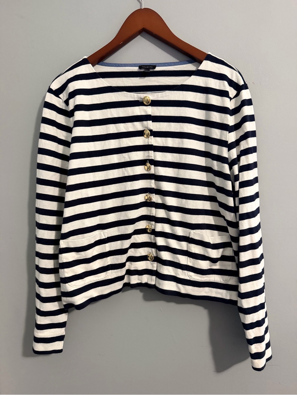 Talbots Navy & White Striped Button-Front Jacket with Gold Buttons